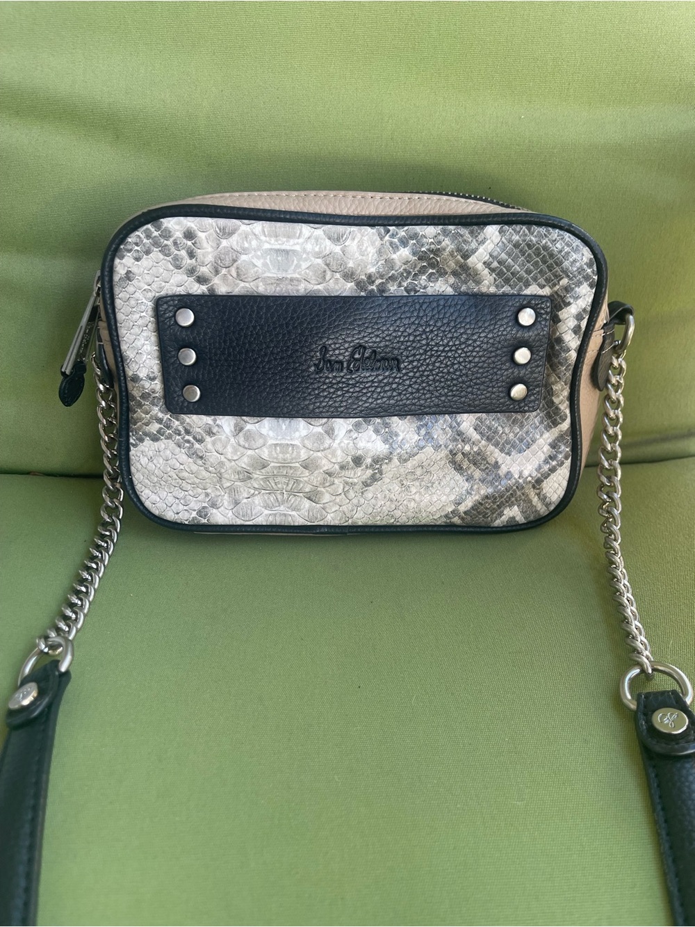 Sam Edelman Snake-Embossed Crossbody in Beige, Black and Silver